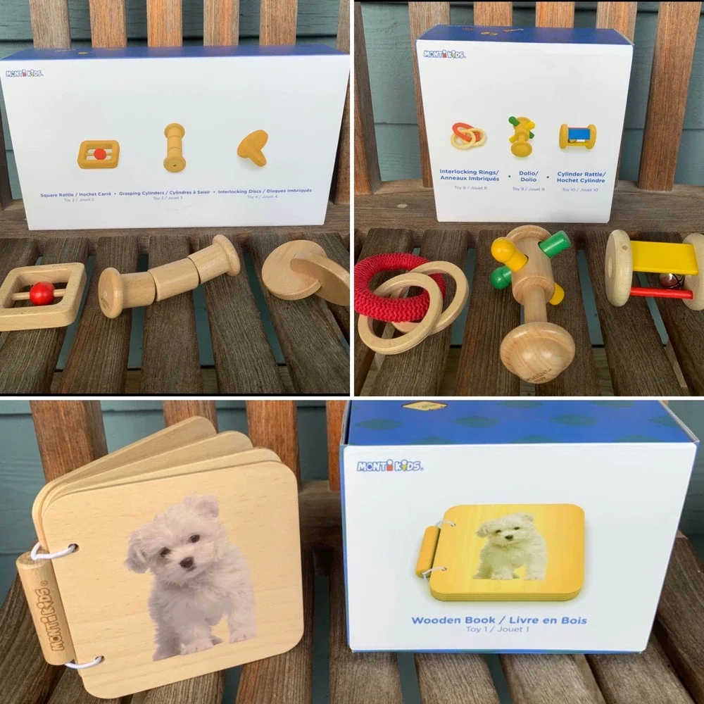 Monti Kids Level 2 Montessori Wooden Toy Bundle 7 Piece Set Baby 3+ Month Rattle